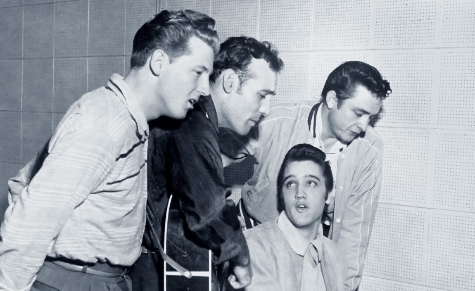 Das legendäre Million Dollar Quartet: v.l.n.r. Jerry Lee Lewis, Carl Perkins, Elvis Presley und Johnny Cash