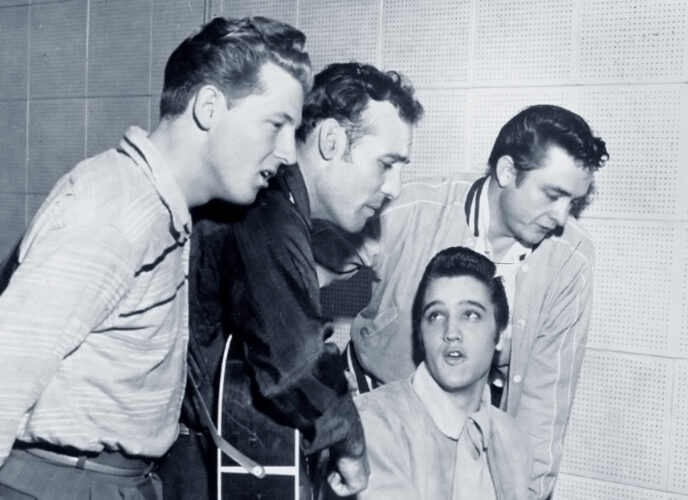 Das legendäre Million Dollar Quartet: v.l.n.r. Jerry Lee Lewis, Carl Perkins, Elvis Presley und Johnny Cash