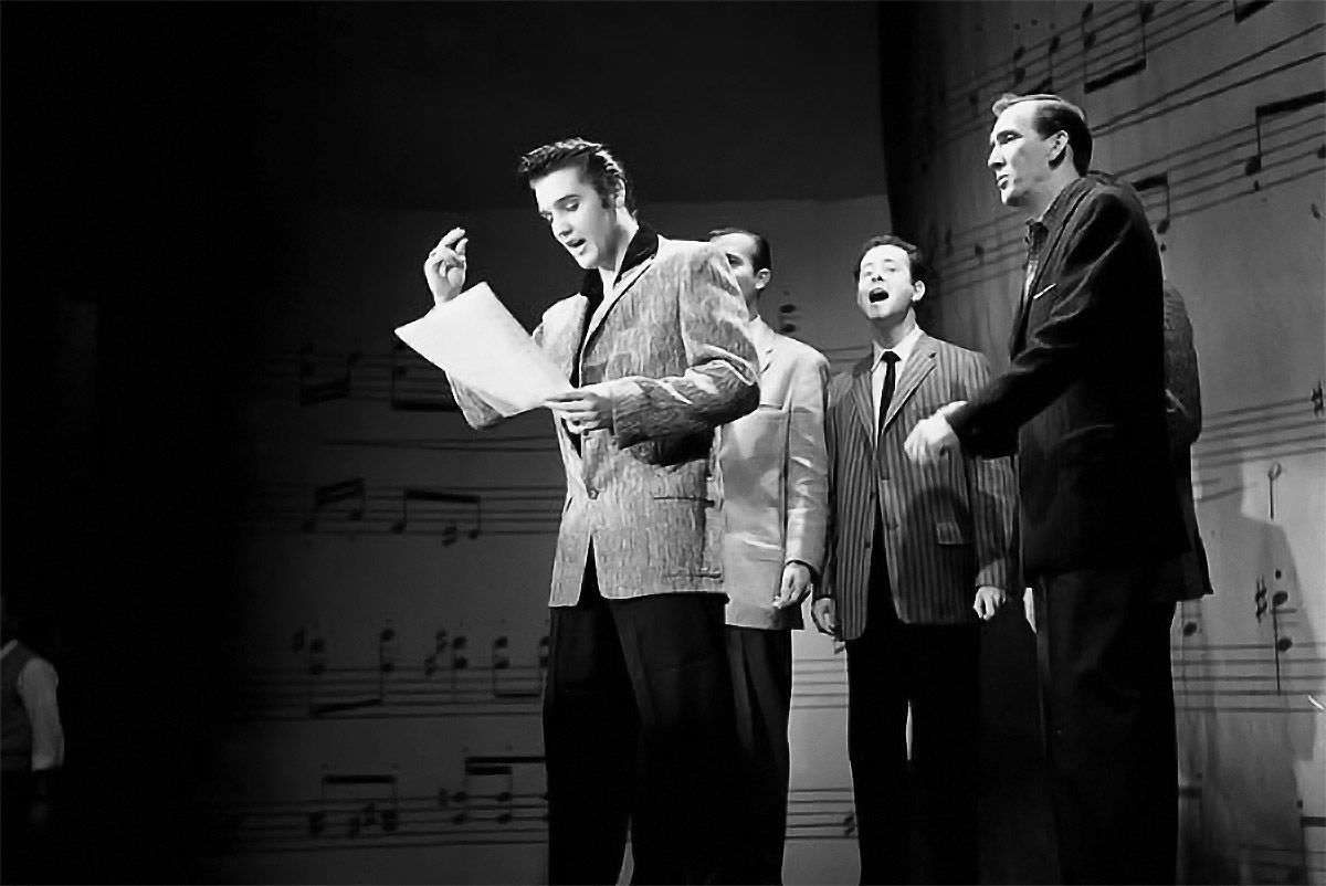 Elvis mit den Jordanaires während der Aufzeichnung zum 3. Auftritt in der Ed Sullivan Show am 06. Januar 1957